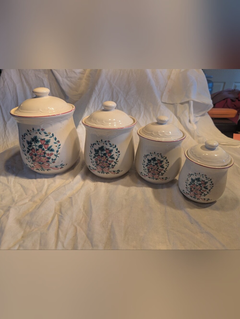 Vintage Cream Ceramic Canister Set with strawberry Accents- berritionne pattern